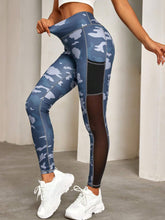 Sporty High Waist Wide Waistband Camo Print Mesh Insert Phone Pocket Side Stretchy Skinny Leggings